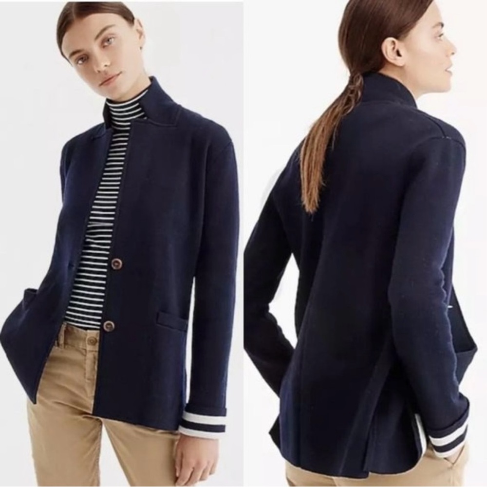 J. Crew Navy Women's wool sweater jacket blazer 2 button Sz XS striped cufffs